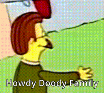 A Cartoon Character With The Words Howdy Doody Family Written On It GIF