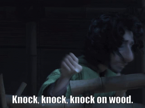 A Cartoon Character With The Words Knock Knock Knock On Wood Below Him GIF