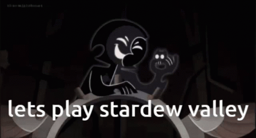 A Cartoon Character With The Words Lets Play Stardew Valley On The Bottom GIF