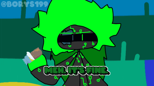 A Cartoon Character With The Words " Meh It 'S Fine " Written On It GIF