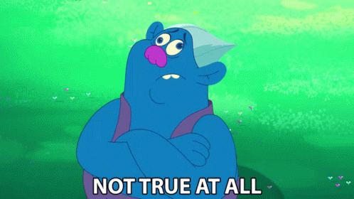 A Cartoon Character With The Words Not True At All Written Below Him GIF