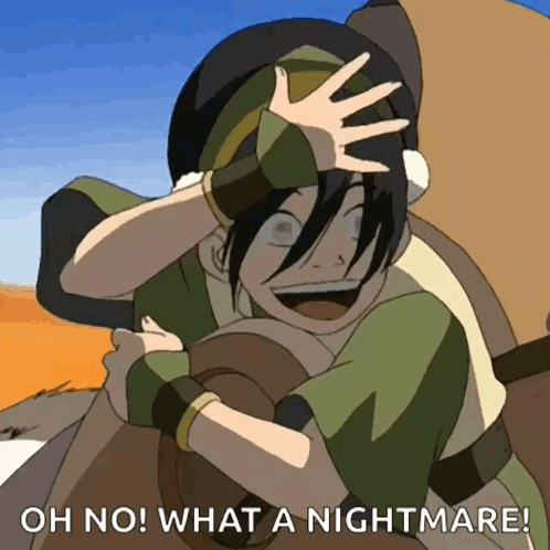 A Cartoon Character With The Words Oh No What A Nightmare Behind Him GIF