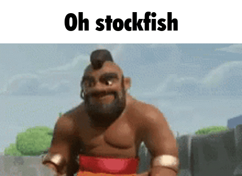 a cartoon character with the words oh stockfish written above him .