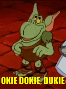 A Cartoon Character With The Words Okie Dokie Dukie In Yellow Letters GIF