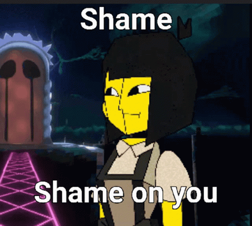 A Cartoon Character With The Words Shame Shame On You Written On It GIF