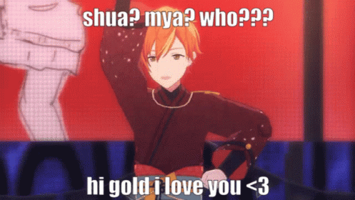 A Cartoon Character With The Words Shua Mya Who Hi Gold I Love You < 3 On The Bottom GIF