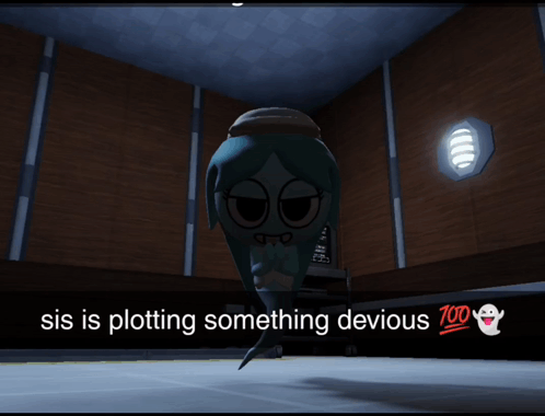 A Cartoon Character With The Words " Sis Is Plotting Something Devious " Above Her GIF