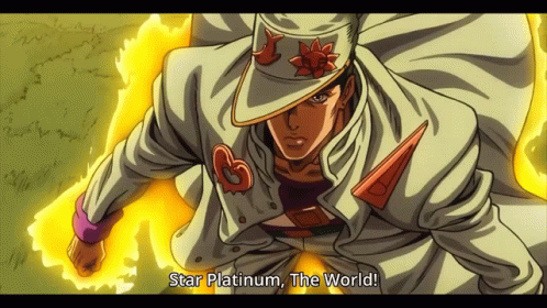 A Cartoon Character With The Words Star Platinum The World Written Below Him GIF