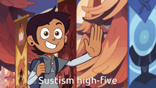 A Cartoon Character With The Words Sustism High-Five Written On The Bottom GIF