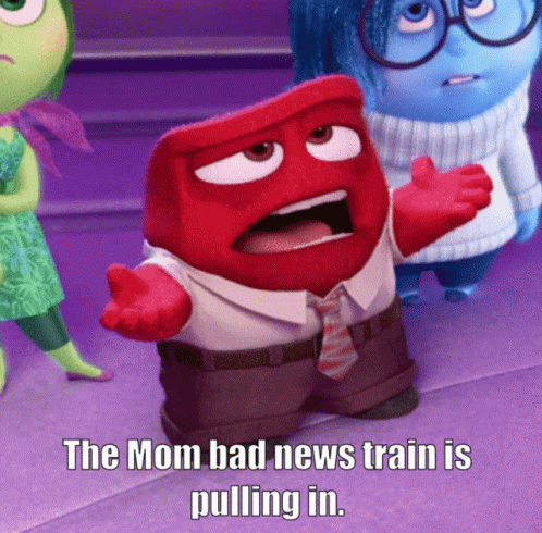 A Cartoon Character With The Words " The Mom Bad News Train Is Pulling In " GIF