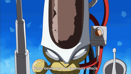 A Cartoon Character With The Words " Those Bewitched By Ebemon 'S Attack " On The Bottom GIF