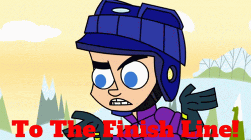 A Cartoon Character With The Words To The Finish Line On The Bottom Right GIF