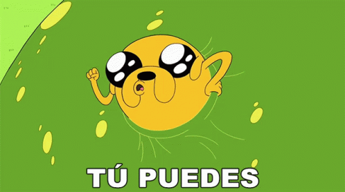a cartoon character with the words " tu puedes " in white letters