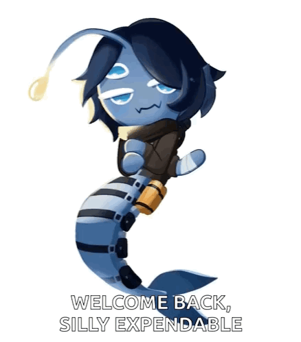 A Cartoon Character With The Words Welcome Back Silly Expendable On It GIF