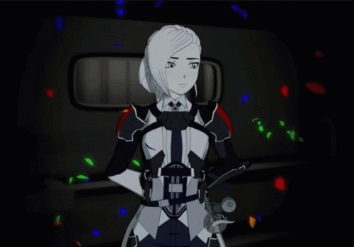 A Cartoon Character With White Hair And A Black And White Outfit Has The Letter H On Her Chest GIF