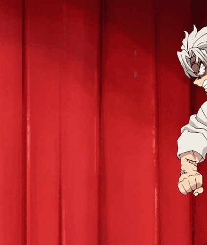 A Cartoon Character With White Hair And A Black Belt Is Standing In Front Of A Red Curtain GIF