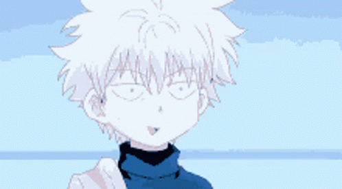 A Cartoon Character With White Hair And A Blue Turtleneck Is Smiling And Pointing At The Camera . GIF