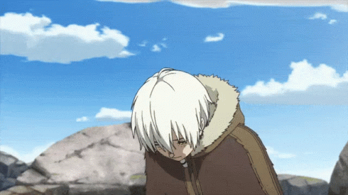 A Cartoon Character With White Hair And A Fur Collar GIF