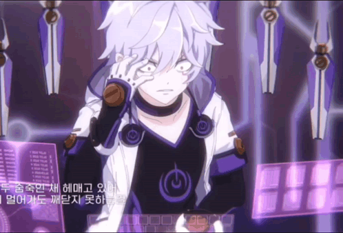 A Cartoon Character With White Hair And A Purple Shirt Is Standing In Front Of A Computer Screen GIF