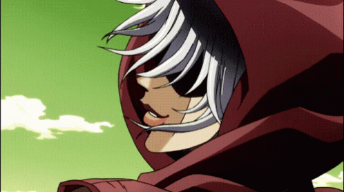 A Cartoon Character With White Hair And A Red Cape GIF