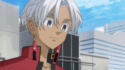 A Cartoon Character With White Hair And A Red Jacket Looks At The Camera GIF