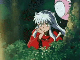 A Cartoon Character With White Hair And A Red Shirt Is Standing In The Woods . GIF