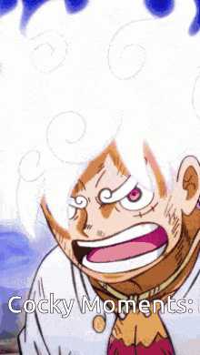 A Cartoon Character With White Hair And A Scarf Says Cocky Moments GIF