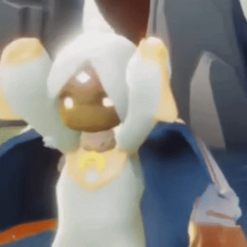A Cartoon Character With White Hair And A White Hood Is Standing In Front Of A Blue Background . GIF