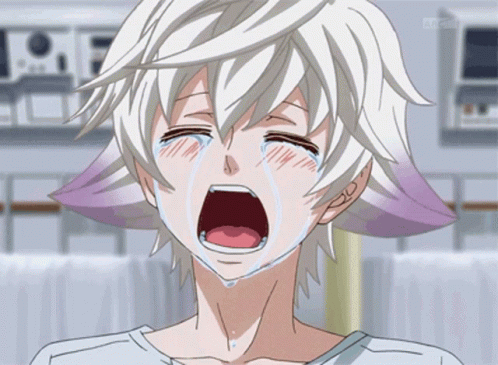 A Cartoon Character With White Hair And Purple Ears Crying GIF