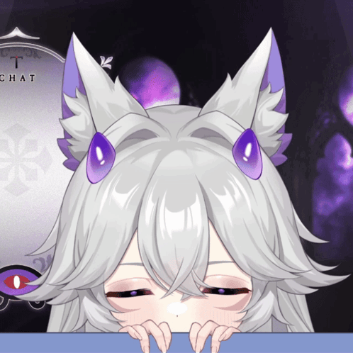 A Cartoon Character With White Hair And Purple Ears Looks Over A Table GIF