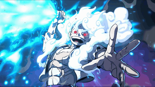 A Cartoon Character With White Hair And Red Eyes Reaching Out GIF