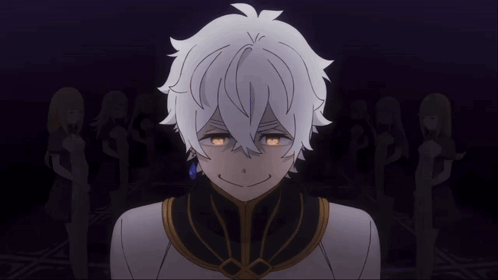 a cartoon character with white hair and yellow eyes stands in front of a group of women