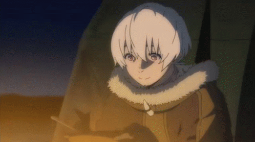 A Cartoon Character With White Hair Is Standing In Front Of A Tent GIF