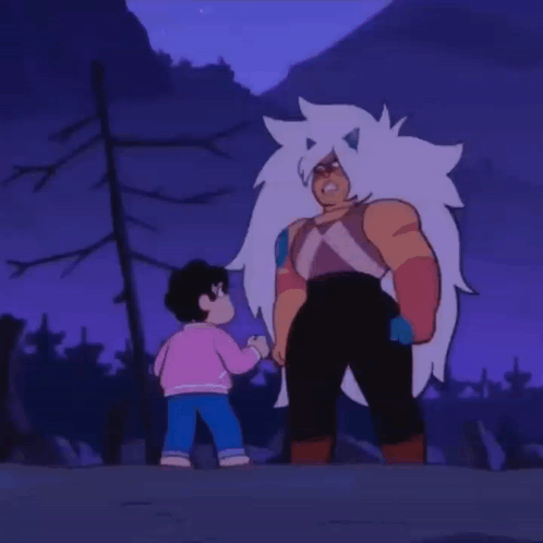 A Cartoon Character With White Hair Is Standing Next To A Smaller Character GIF