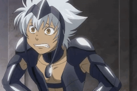 A Cartoon Character With White Hair Is Wearing A Black Armor And A Necklace . GIF