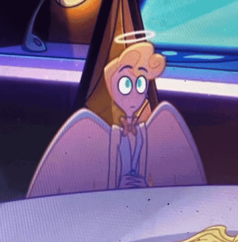 A Cartoon Character With Wings And A Halo On His Head Is Sitting At A Table GIF