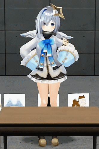A Cartoon Character With Wings And A Star On Her Head Stands In Front Of A Table GIF