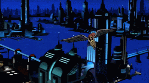 A Cartoon Character With Wings Is Flying Over A City GIF