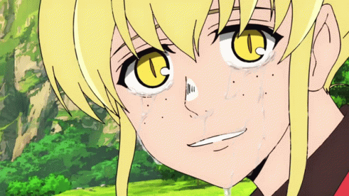 A Cartoon Character With Yellow Eyes And Blonde Hair GIF