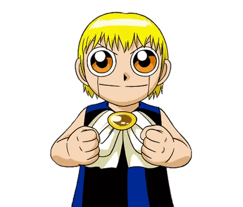 a cartoon character with yellow hair and orange eyes is pointing with his fist