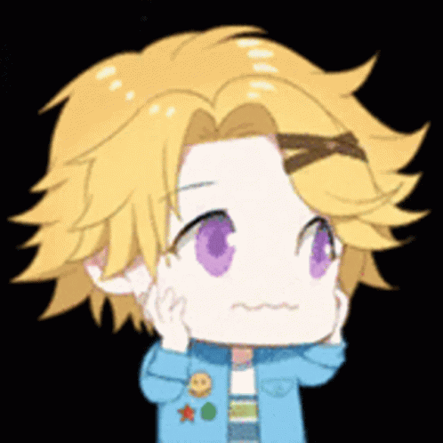A Cartoon Character With Yellow Hair And Purple Eyes Is Wearing A Blue Jacket . GIF