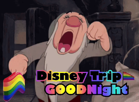 A Cartoon Character Yawning With The Words Disney Trip Goodnight Behind Him GIF