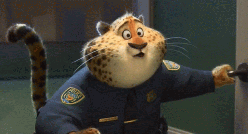 A Cartoon Cheetah Wearing A Police Uniform Stands In Front Of A Door GIF