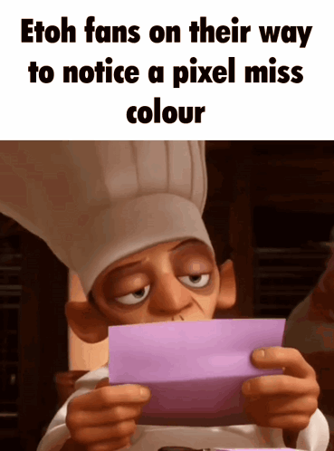 A Cartoon Chef Holding A Piece Of Paper That Says Etoh Fans On Their Way To Notice A Pixel Miss Color GIF