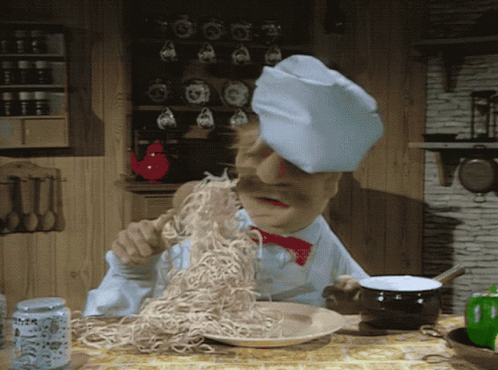 A Cartoon Chef Is Eating Noodles With A Knife And Fork GIF