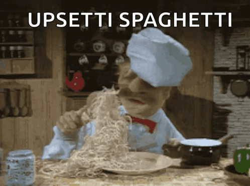 A Cartoon Chef Is Eating Spaghetti With The Caption Upsetti Spaghetti Above Him GIF