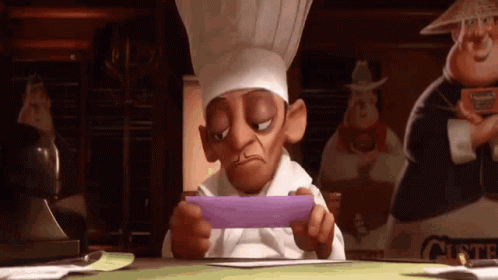 A Cartoon Chef Is Looking At A Piece Of Paper In His Hands . GIF
