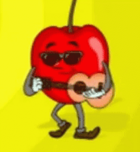 A Cartoon Cherry Is Playing A Guitar With Arms And Legs . GIF
