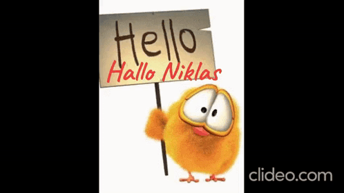 A Cartoon Chicken Holds A Sign That Says Hello Hallo Niklas GIF