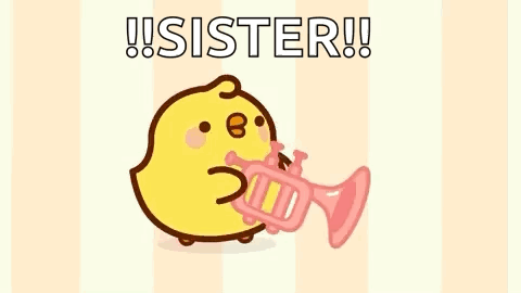 A Cartoon Chicken Is Blowing A Pink Trumpet And Says `` Sister '' . GIF